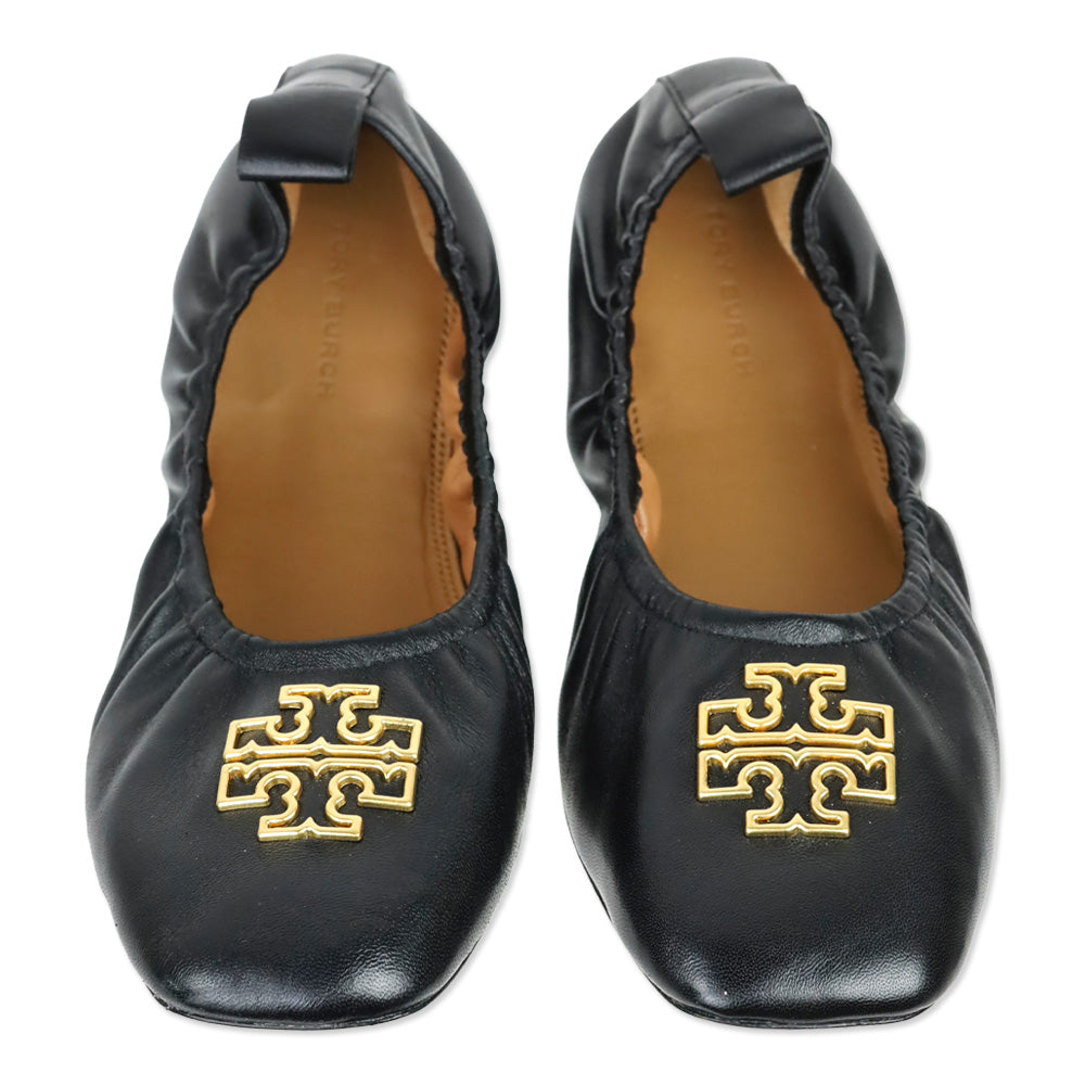 Tory Burch Black Nappa Leather Sheep Plume Britten Ballet Flat
