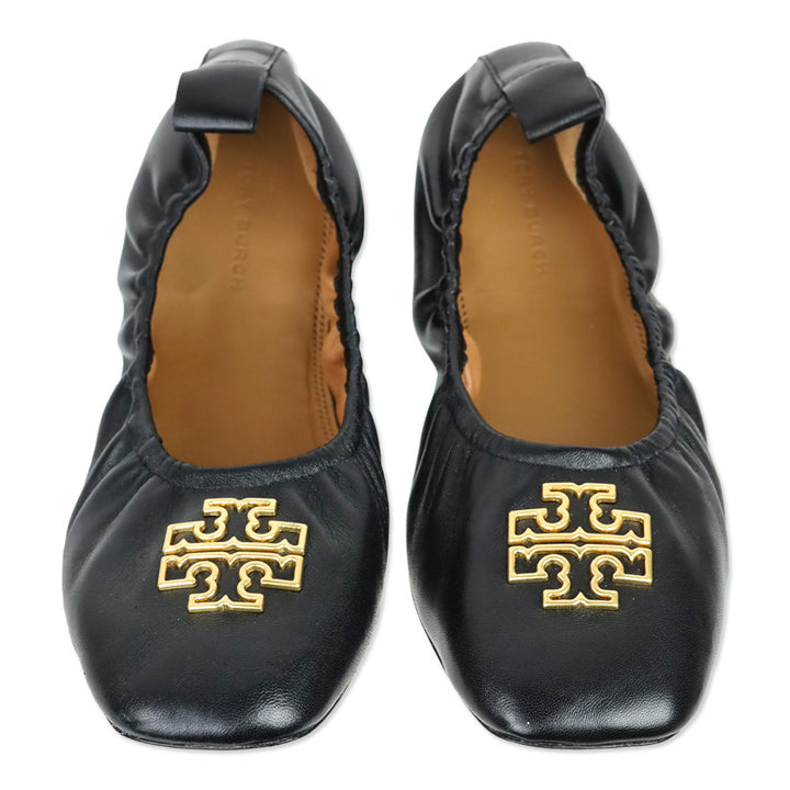 Tory Burch Black Nappa Leather Sheep Plume Britten Ballet Flat