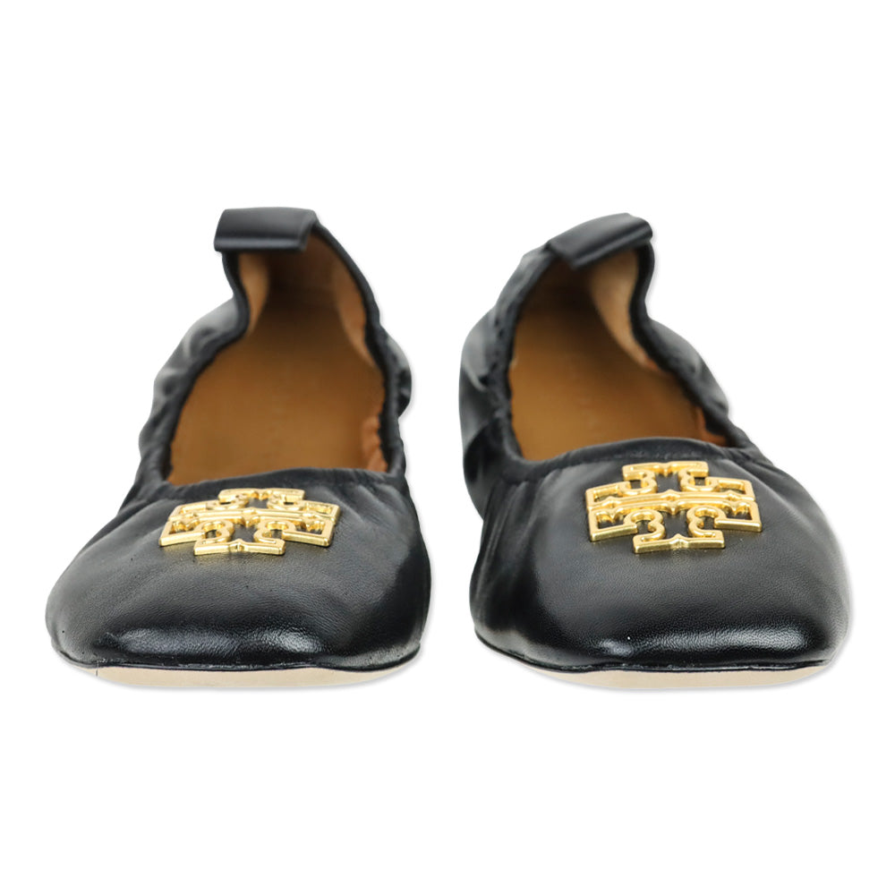 Tory Burch Black Nappa Leather Sheep Plume Britten Ballet Flat