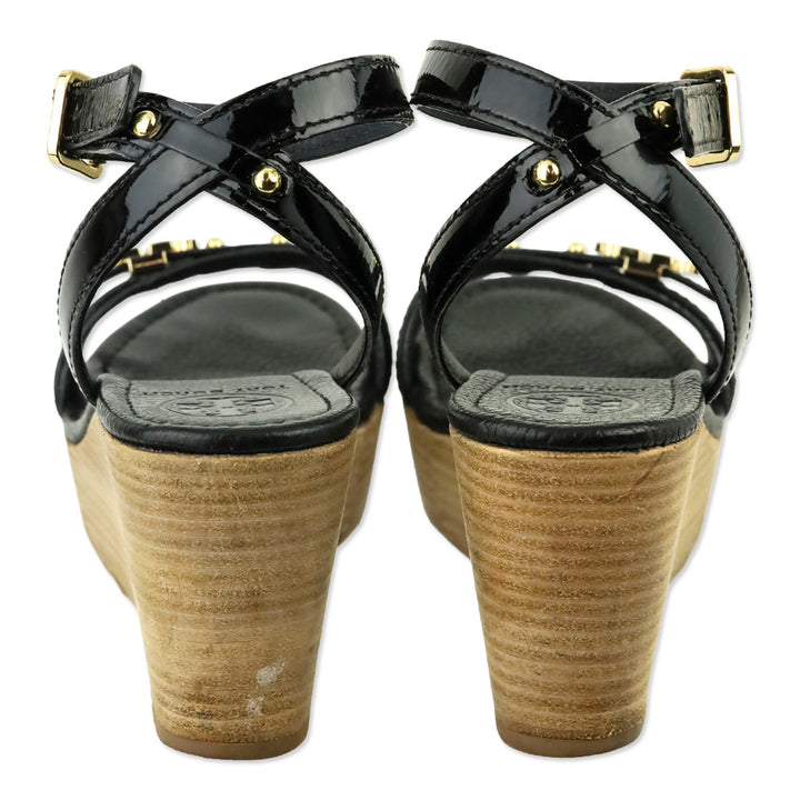 Tory Burch Black Patent Elina 80mm Wedge Sandal