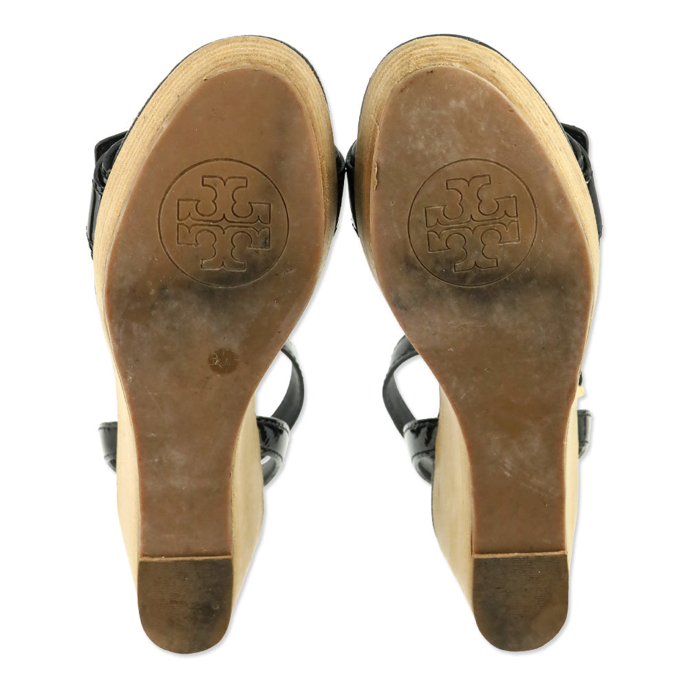 Tory Burch Black Patent Elina 80mm Wedge Sandal