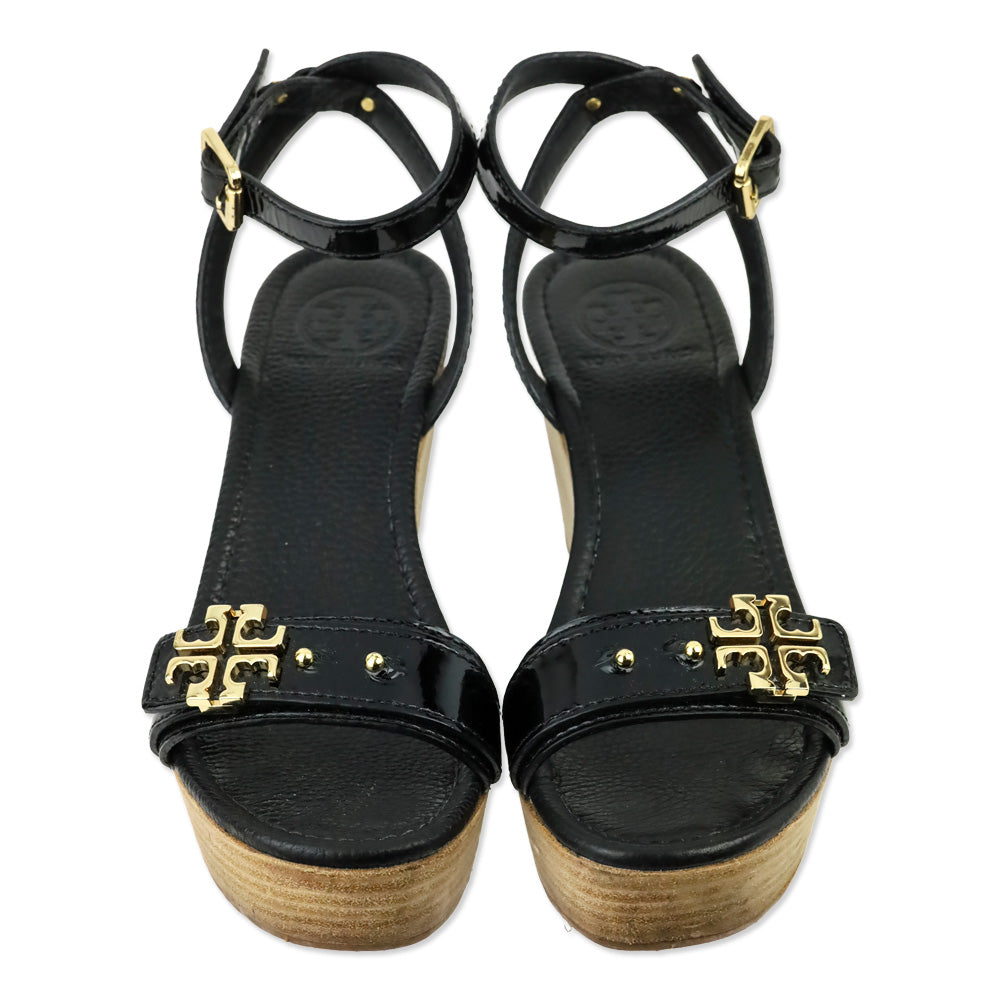 Tory Burch Black Patent Elina 80mm Wedge Sandal