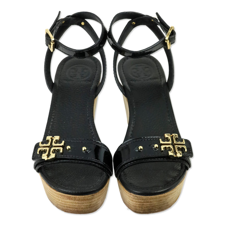 Tory Burch Black Patent Elina 80mm Wedge Sandal
