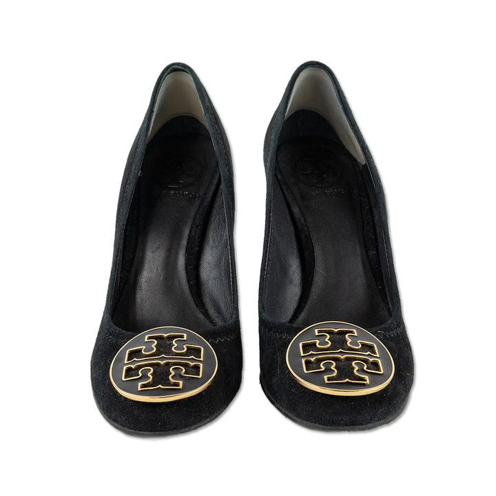 Tory Burch Black Suede Logo Heels with Gold Accents