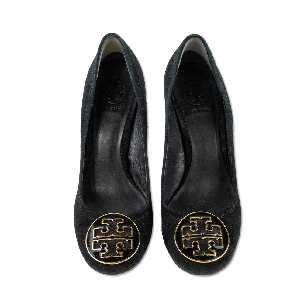 Tory Burch Black Suede Logo Heels with Gold Accents