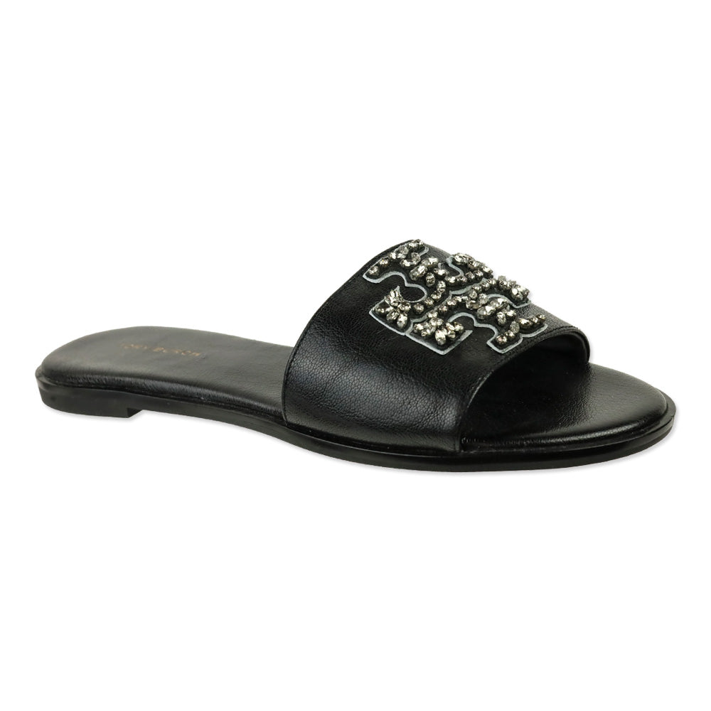 Tory Burch Black Tumbled Leather Everly Embellished Slides