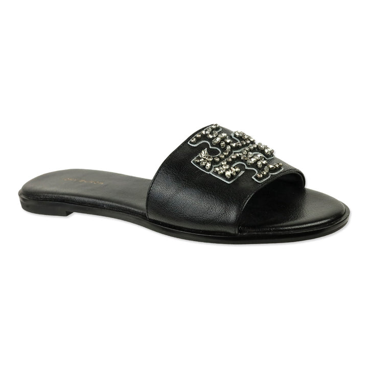 Tory Burch Black Tumbled Leather Everly Embellished Slides
