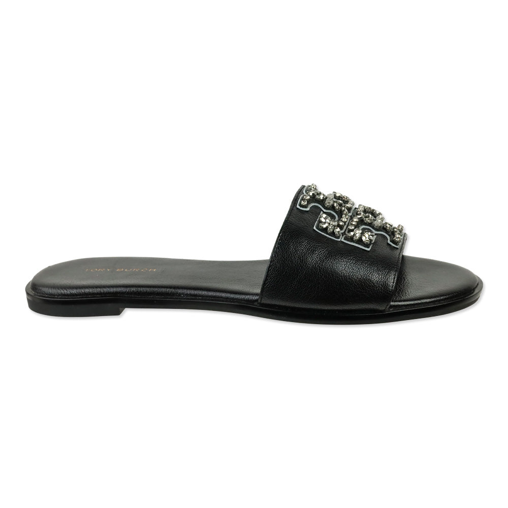 Tory Burch Black Tumbled Leather Everly Embellished Slides