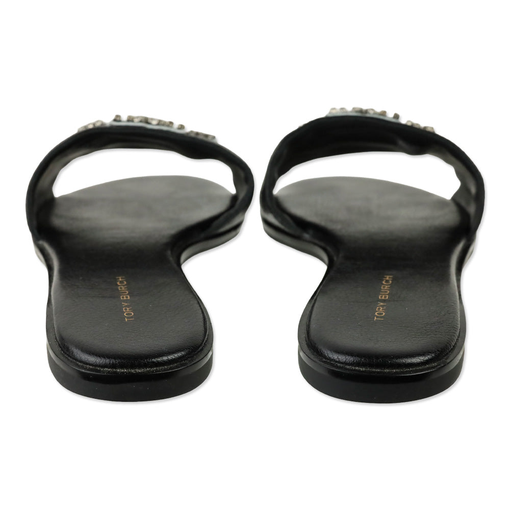 Tory Burch Black Tumbled Leather Everly Embellished Slides