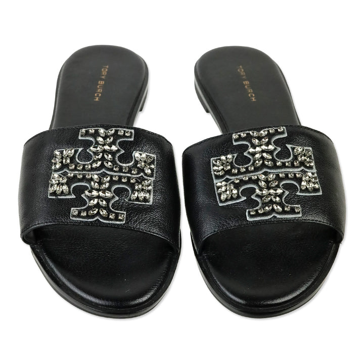 Tory Burch Black Tumbled Leather Everly Embellished Slides
