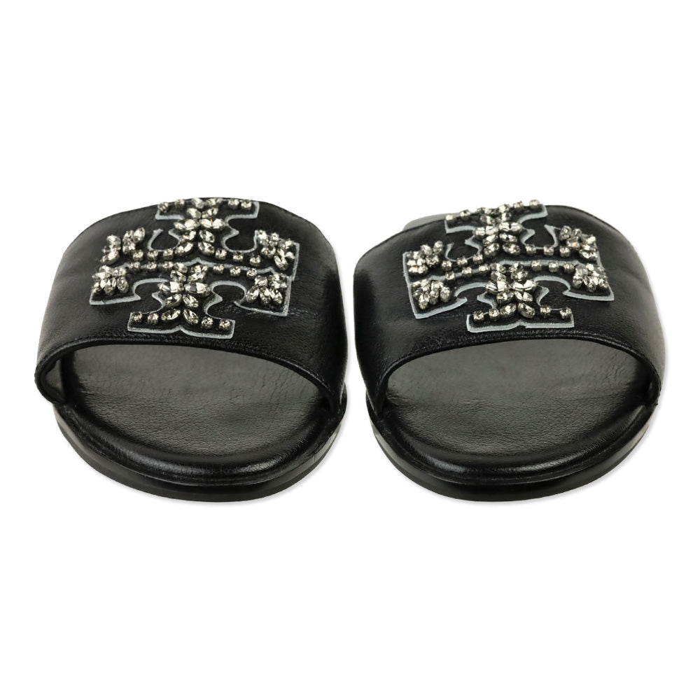 Tory Burch Black Tumbled Leather Everly Embellished Slides