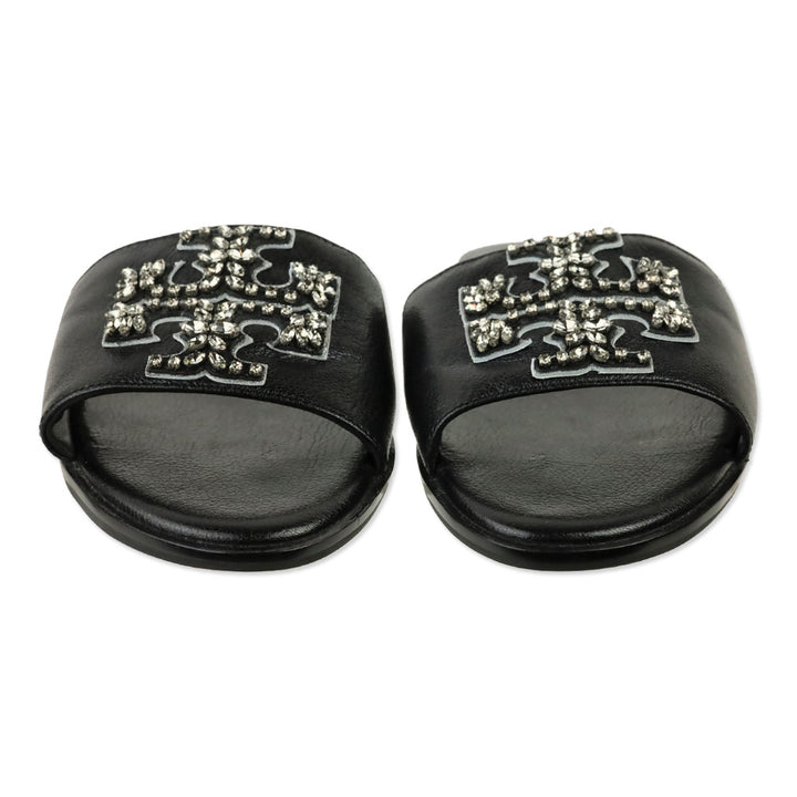 Tory Burch Black Tumbled Leather Everly Embellished Slides