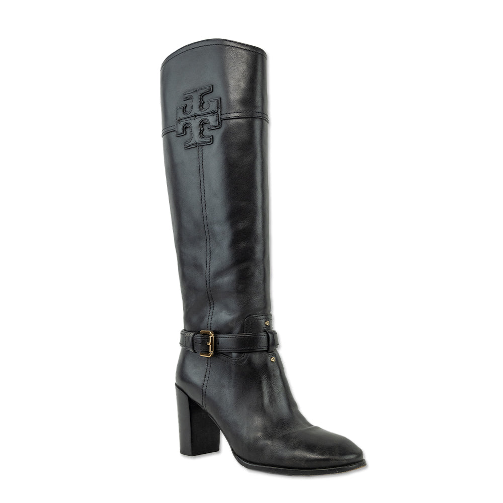 Tory Burch Blaire Black Leather Heeled Riding Boots