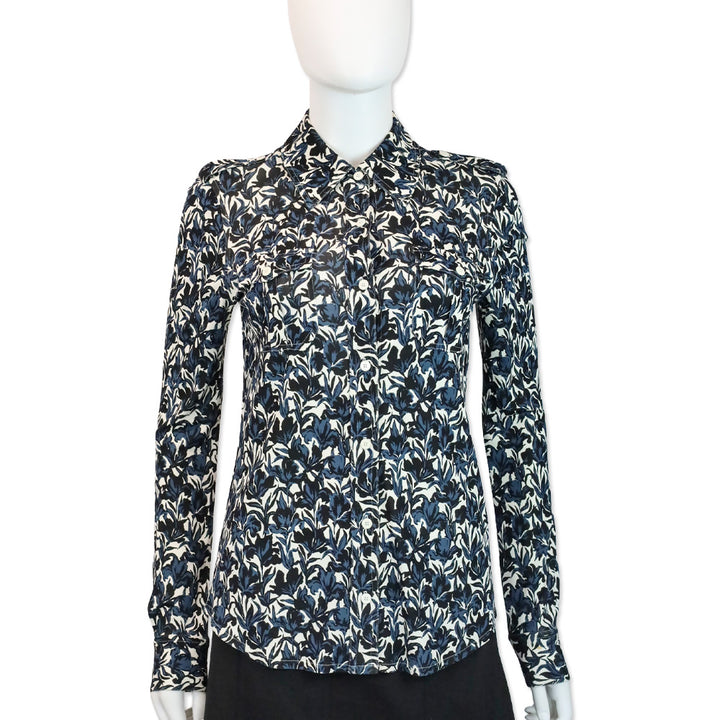 Tory Burch Blue Iris Floral Print Rayon Button Down Shirt