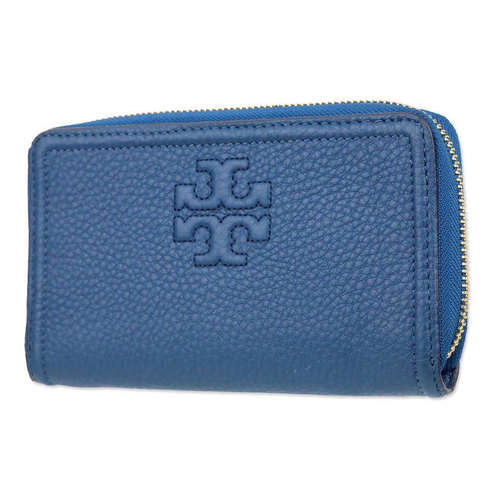 Tory Burch Blue Pebbled Leather Logo Continental Wristlet