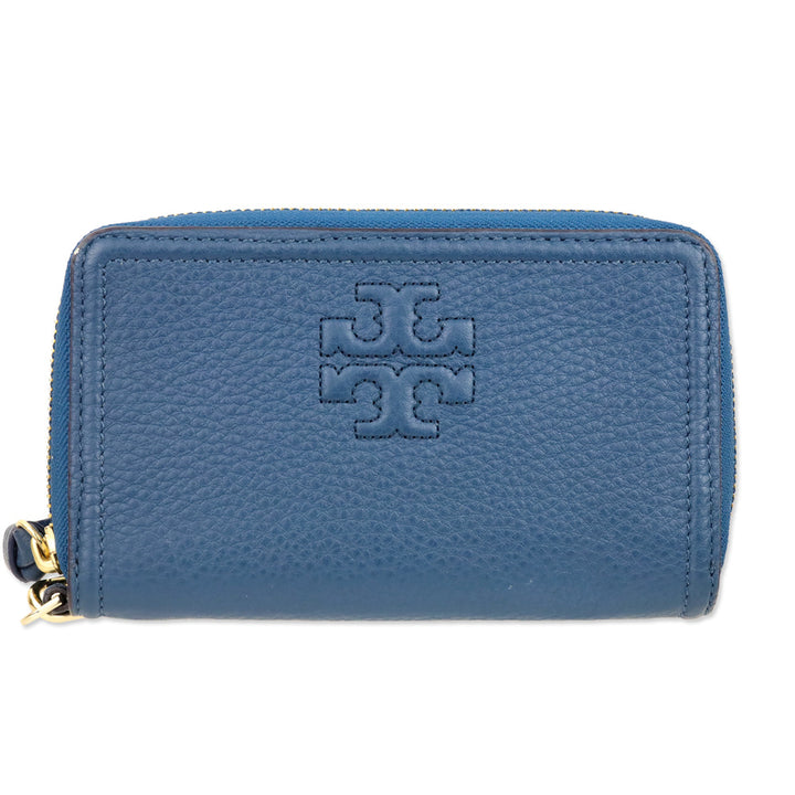 Tory Burch Blue Pebbled Leather Logo Continental Wristlet