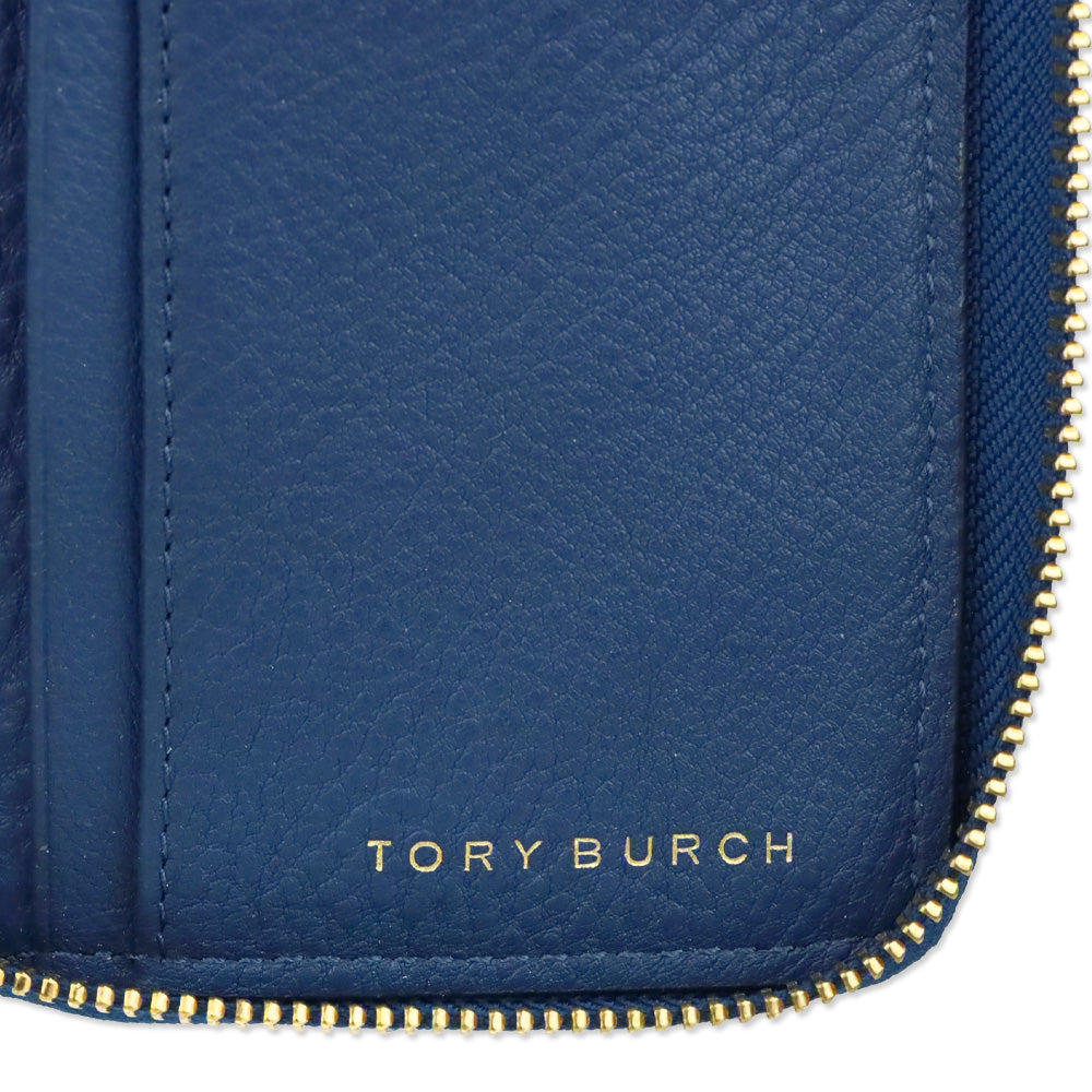 Tory Burch Blue Pebbled Leather Logo Continental Wristlet