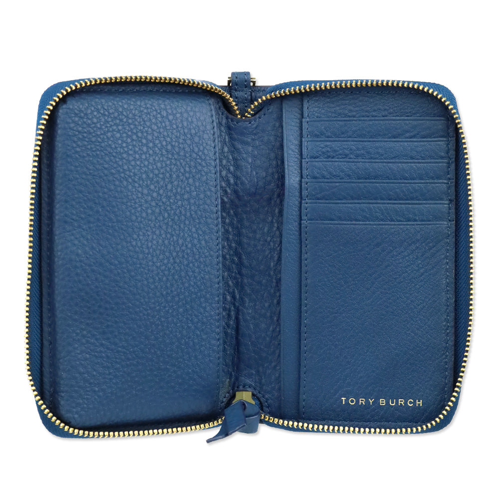Tory Burch Blue Pebbled Leather Logo Continental Wristlet