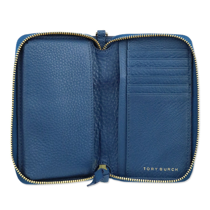 Tory Burch Blue Pebbled Leather Logo Continental Wristlet
