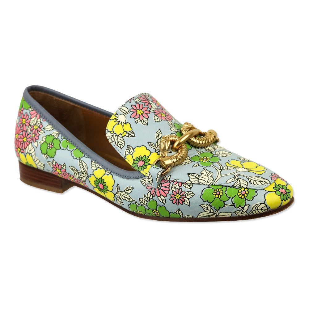 Tory Burch Blue Wallpaper Floral Printed Tumbled Leather Jessa 20mm Loafer