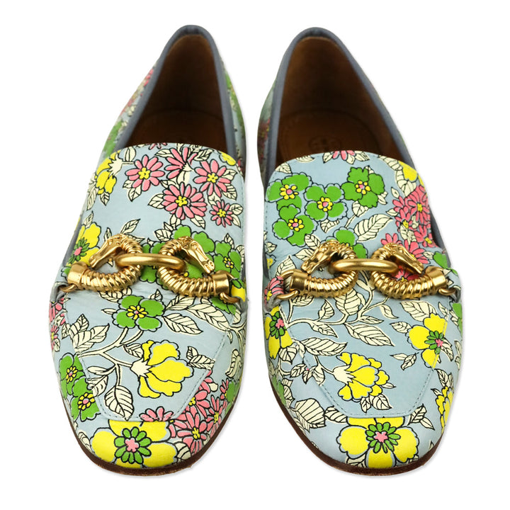 Tory Burch Blue Wallpaper Floral Printed Tumbled Leather Jessa 20mm Loafer