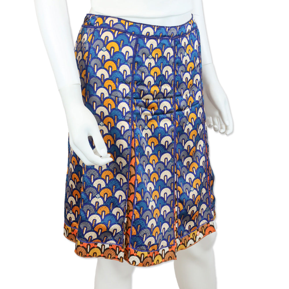 Tory Burch Blue/Orange Pattern Silk Pleated Midi Skirt
