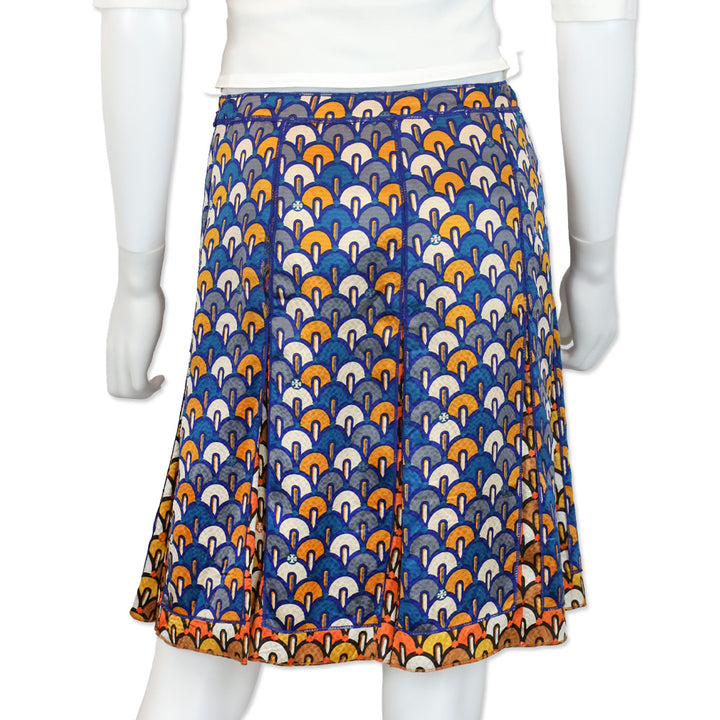 Tory Burch Blue/Orange Pattern Silk Pleated Midi Skirt