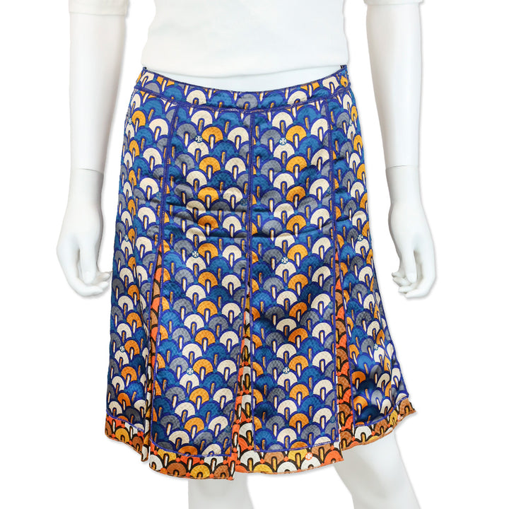 Tory Burch Blue/Orange Pattern Silk Pleated Midi Skirt