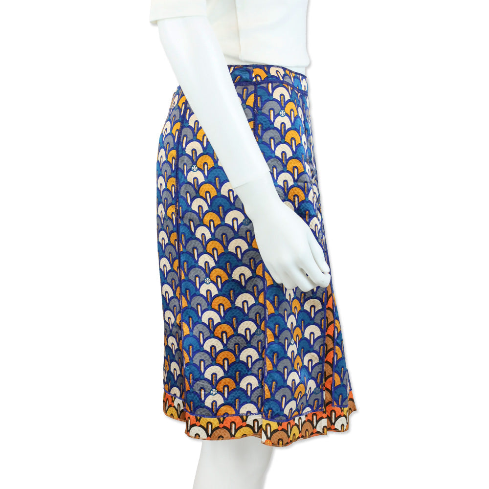 Tory Burch Blue/Orange Pattern Silk Pleated Midi Skirt