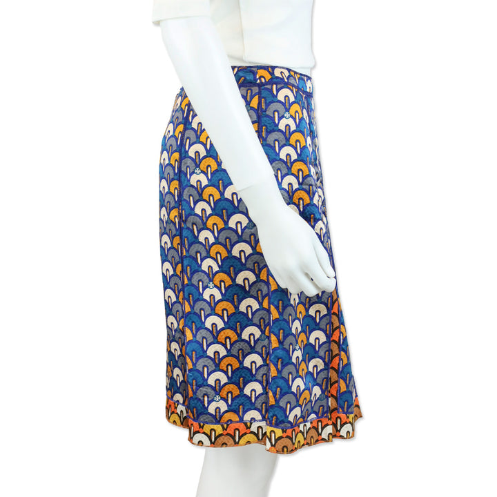 Tory Burch Blue/Orange Pattern Silk Pleated Midi Skirt