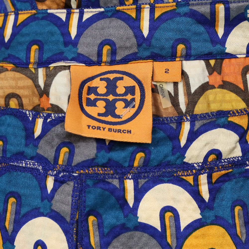 Tory Burch Blue/Orange Pattern Silk Pleated Midi Skirt