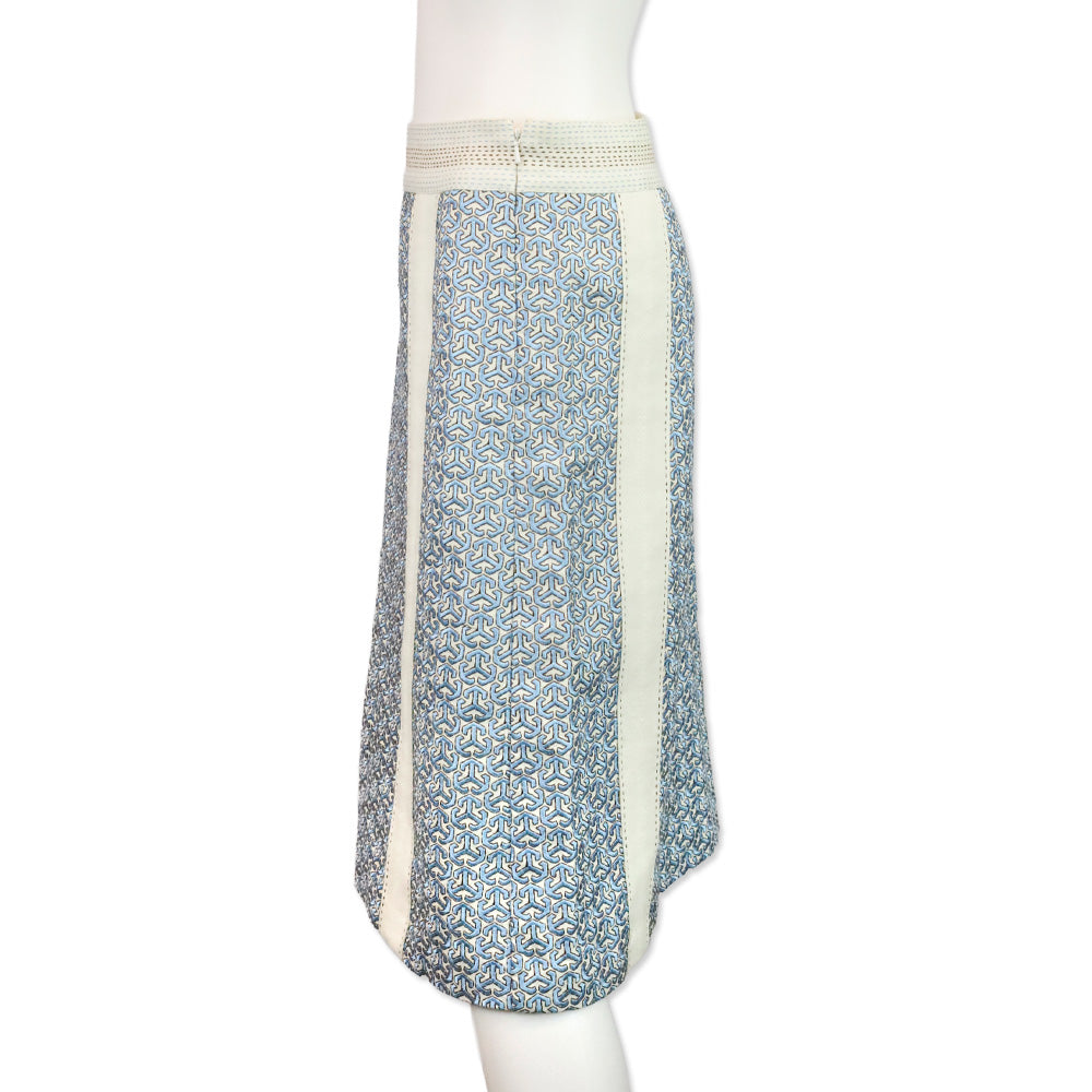 Tory Burch Blue and White Geometric Embroidered Linen Midi Skirt