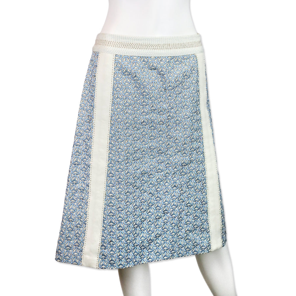 Tory Burch Blue and White Geometric Embroidered Linen Midi Skirt