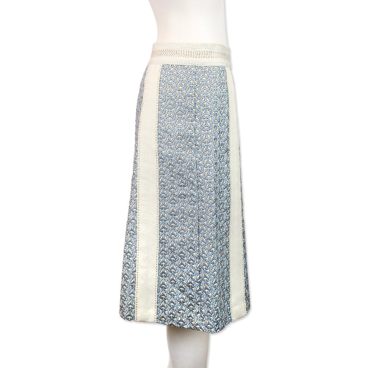 Tory Burch Blue and White Geometric Embroidered Linen Midi Skirt