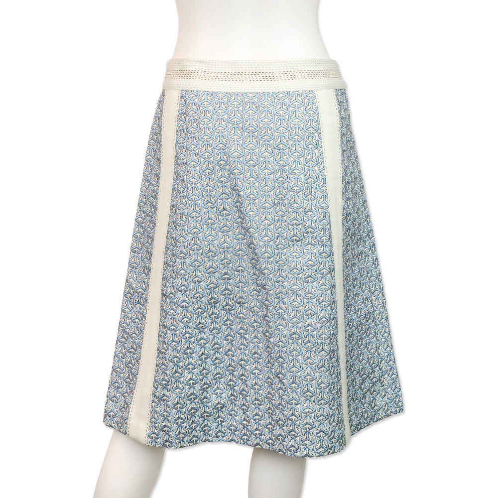 Tory Burch Blue and White Geometric Embroidered Linen Midi Skirt