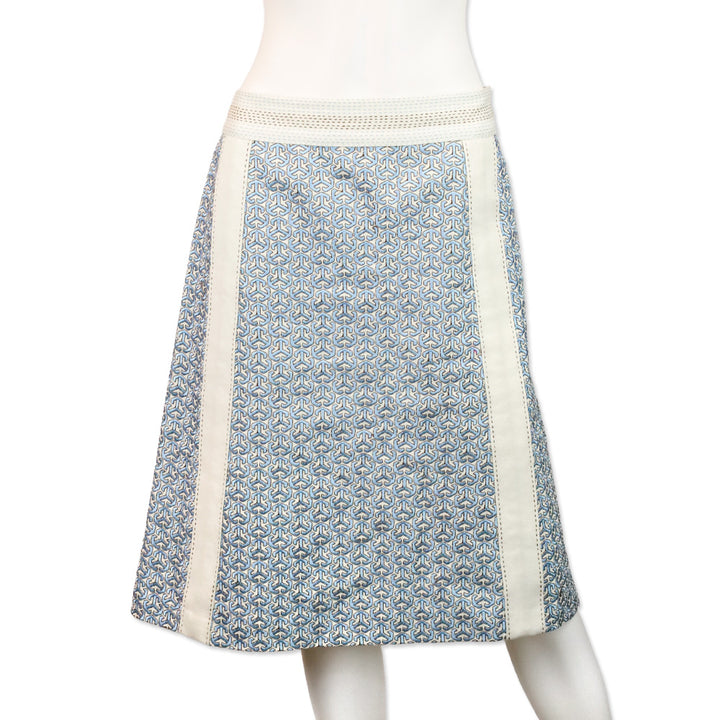 Tory Burch Blue and White Geometric Embroidered Linen Midi Skirt