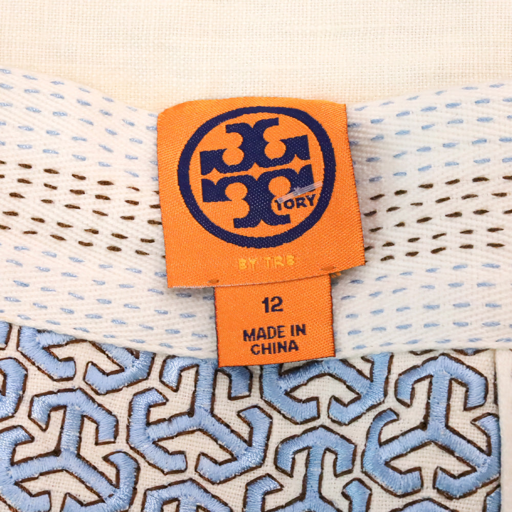 Tory Burch Blue and White Geometric Embroidered Linen Midi Skirt