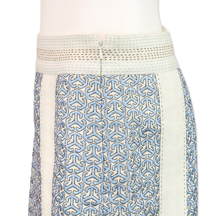 Tory Burch Blue and White Geometric Embroidered Linen Midi Skirt