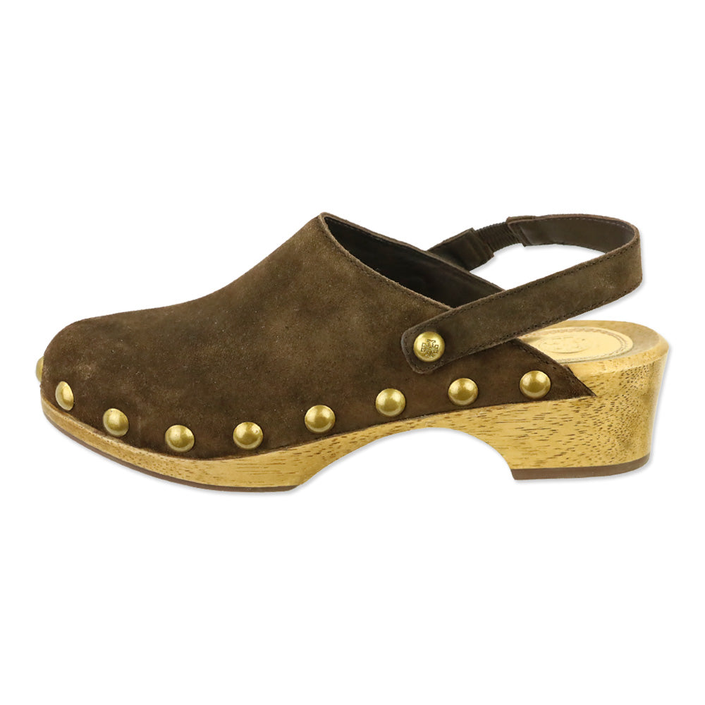 Tory Burch Blythe Arabica Brown Suede Studded 50 MM Clogs