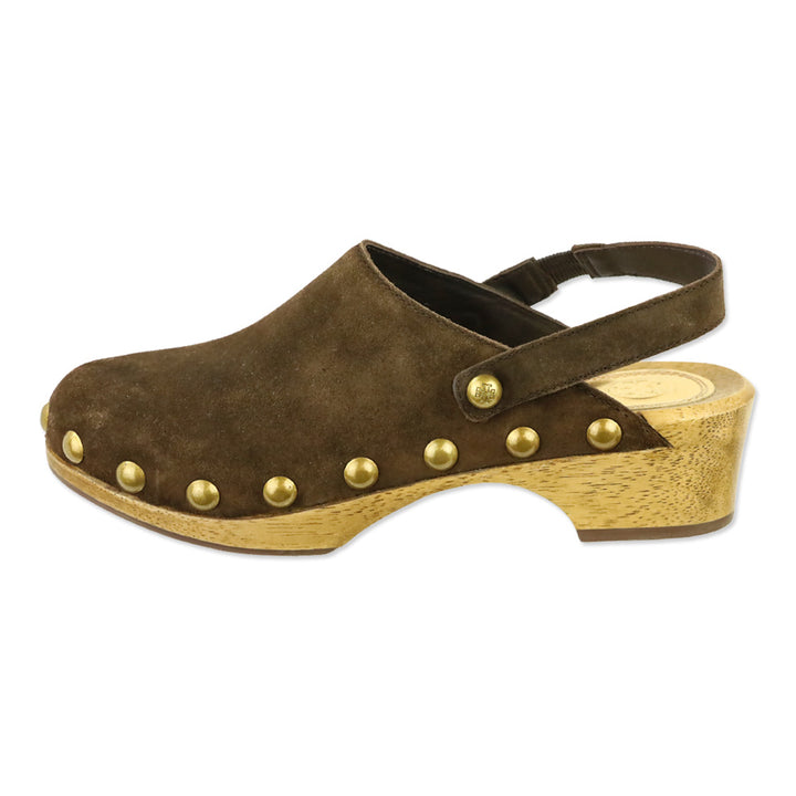 Tory Burch Blythe Arabica Brown Suede Studded 50 MM Clogs
