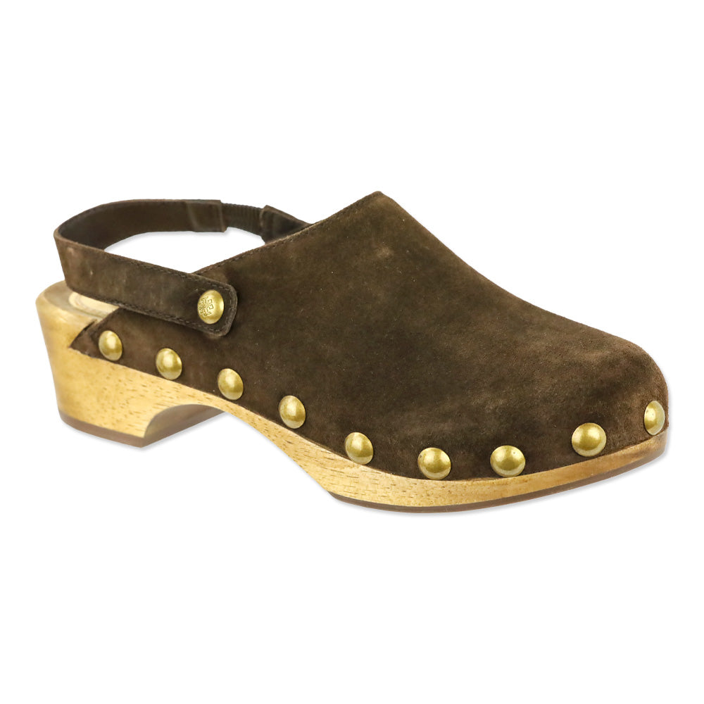 Tory Burch Blythe Arabica Brown Suede Studded 50 MM Clogs