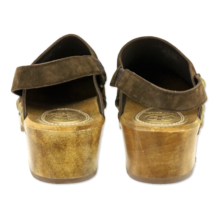 Tory Burch Blythe Arabica Brown Suede Studded 50 MM Clogs