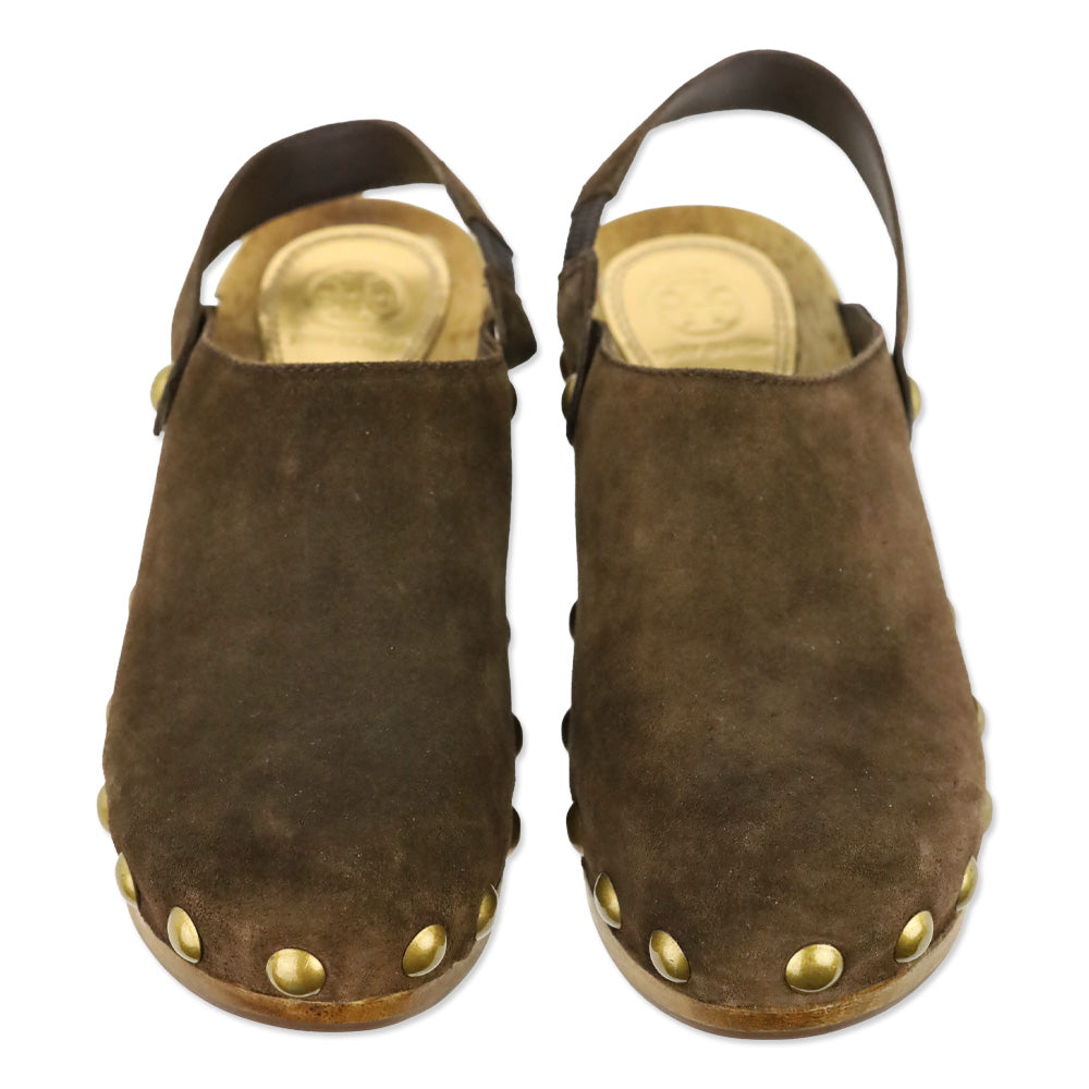 Tory Burch Blythe Arabica Brown Suede Studded 50 MM Clogs