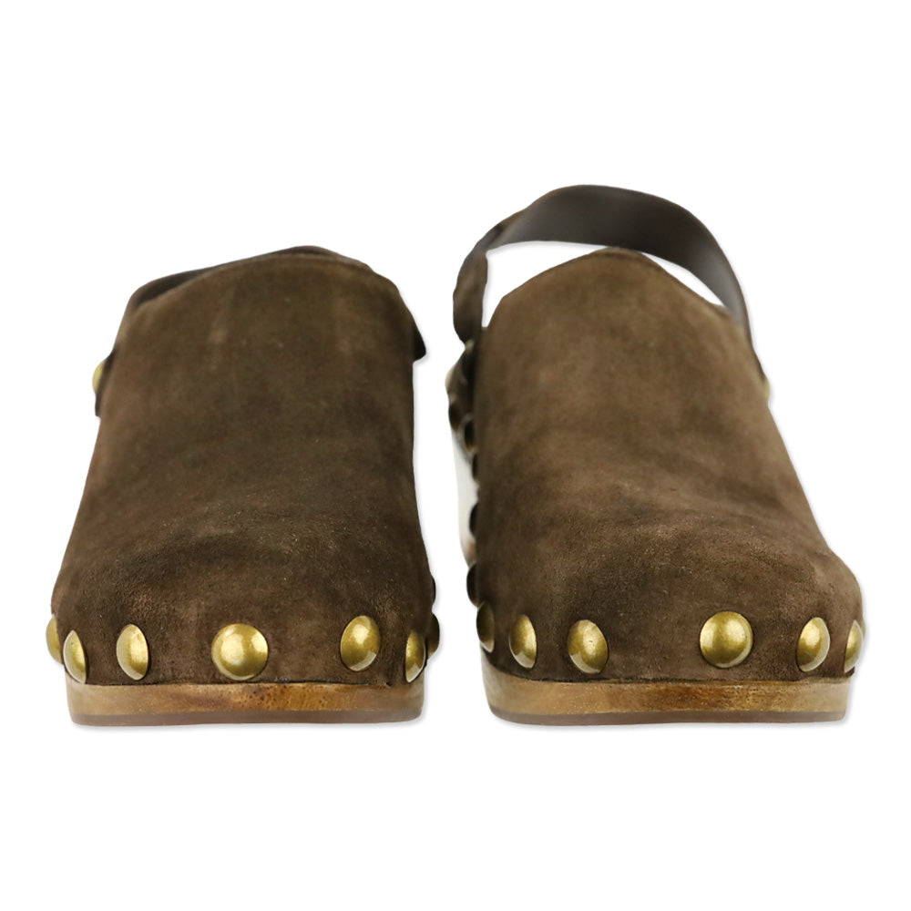 Tory Burch Blythe Arabica Brown Suede Studded 50 MM Clogs