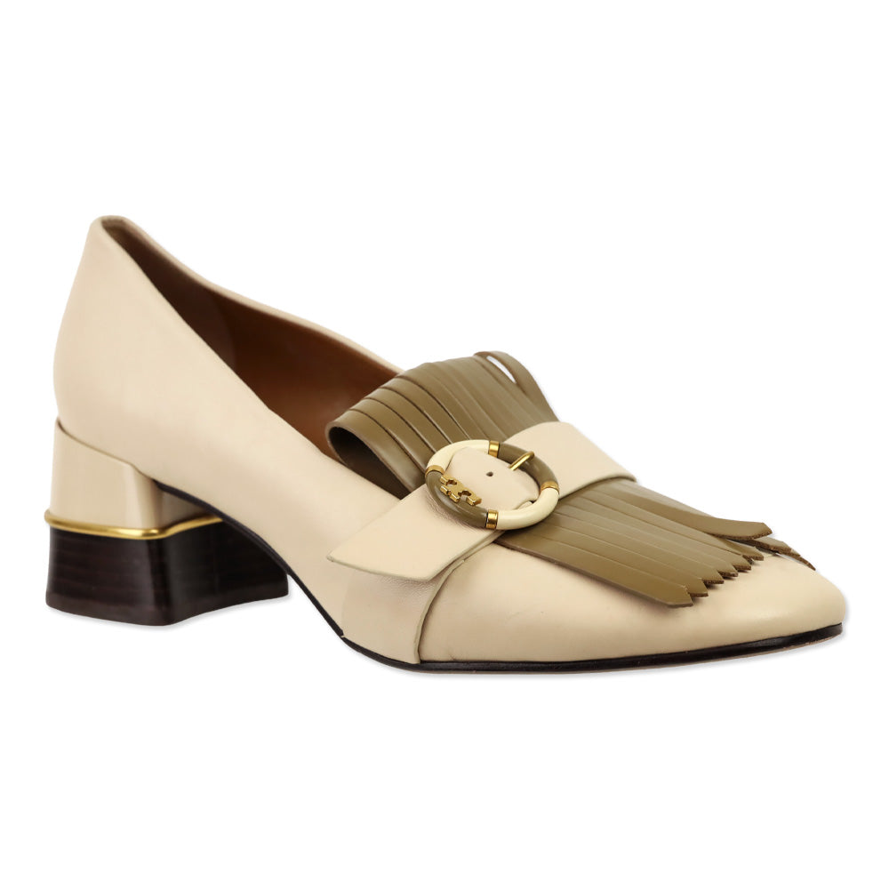 Tory Burch Brie/Sunflower Multi Logo Kiltie Loafer Pumps