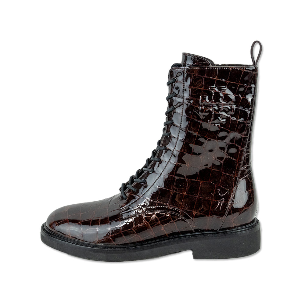 Tory Burch Brown Croc-Embossed Patent Leather Combat Boots