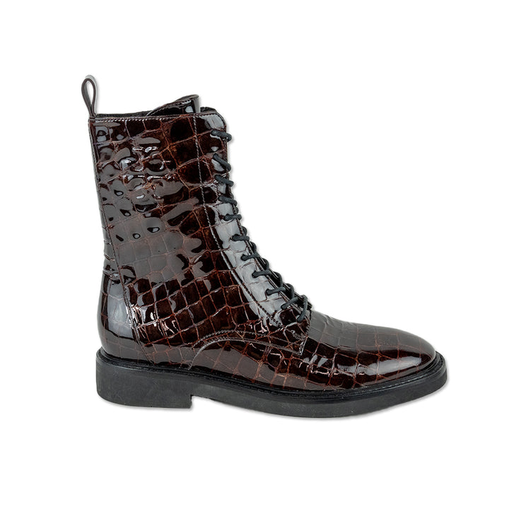 Tory Burch Brown Croc-Embossed Patent Leather Combat Boots