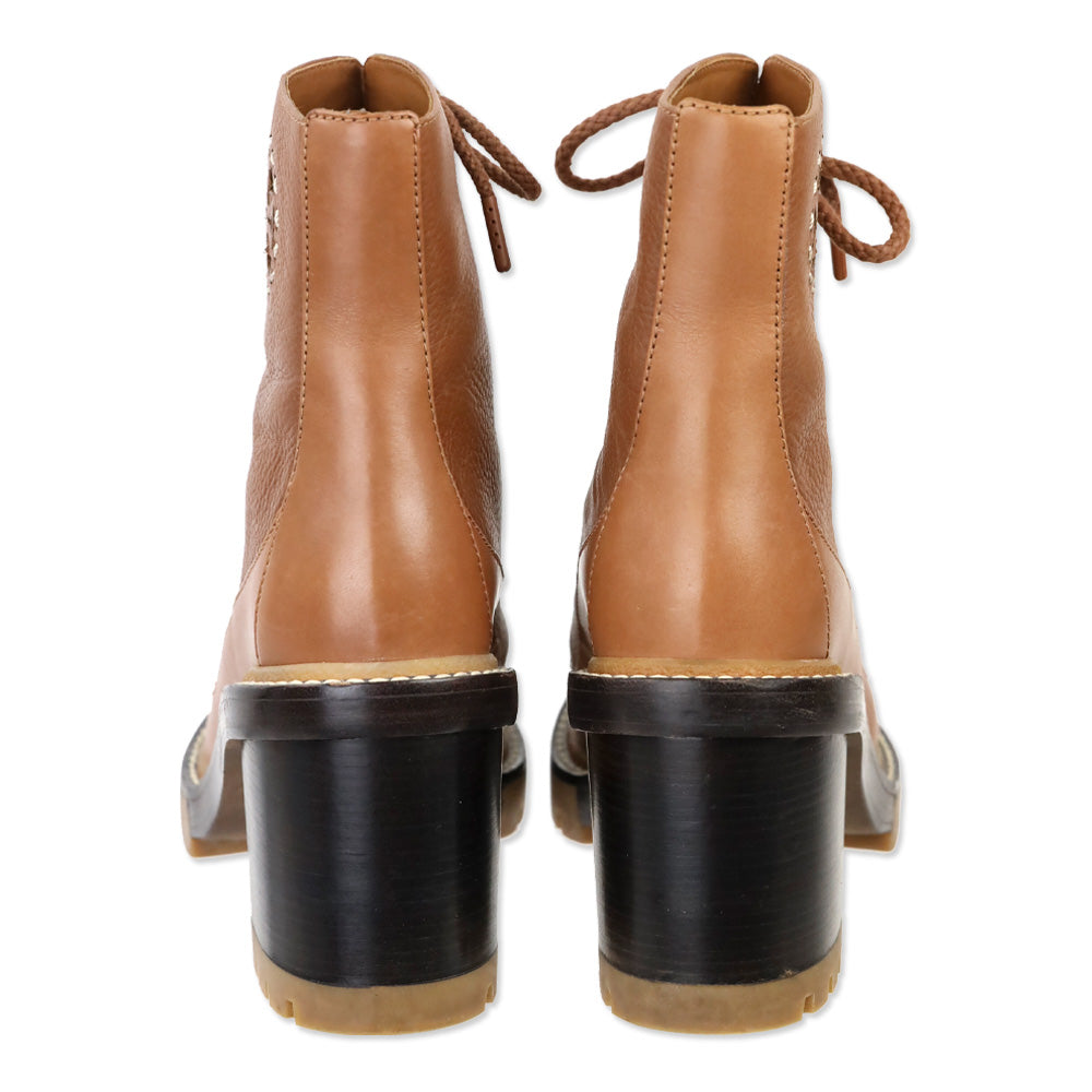 Tory Burch Brown Leather Block Heeled Hiker Boots