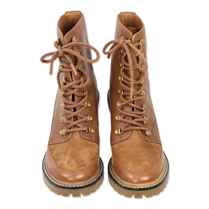 Tory Burch Brown Leather Block Heeled Hiker Boots