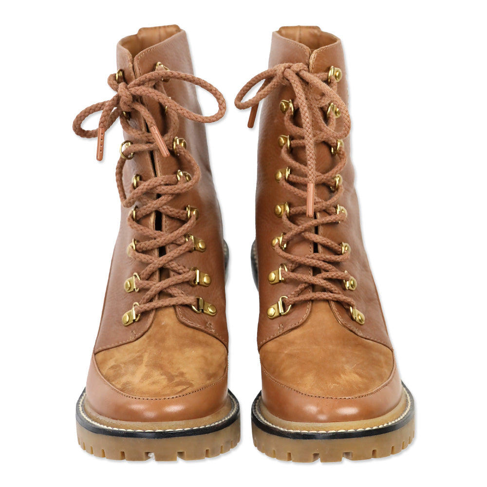Tory Burch Brown Leather Block Heeled Hiker Boots